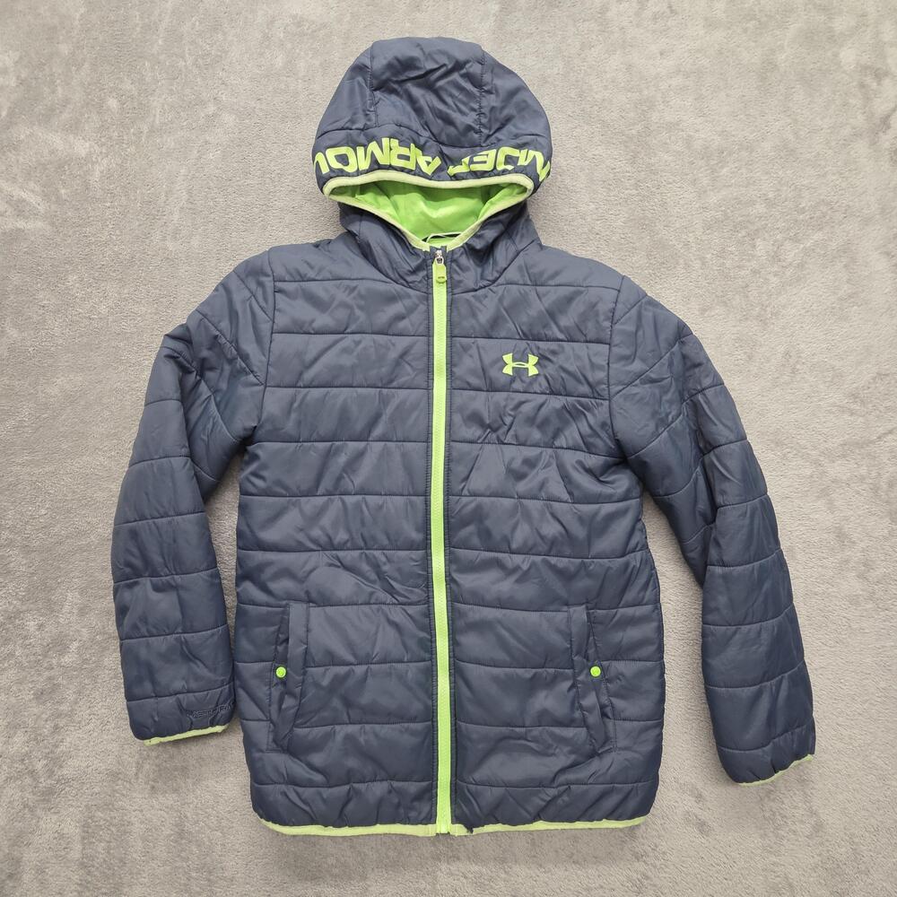 Under Armour Jacket Boys Large Blue Puffer Hooded Insulated ColdGear Full Zip